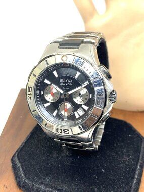 Bulova Men's Watch 98B013 Marine Star Quartz Chronograph Black Dial Silver Steel